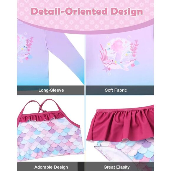 Toddler 3T Girls Mermaid Swim Set 4-Piece UPF 50+ Rash Guard Tankini Pink Purple - Picture 7 of 12